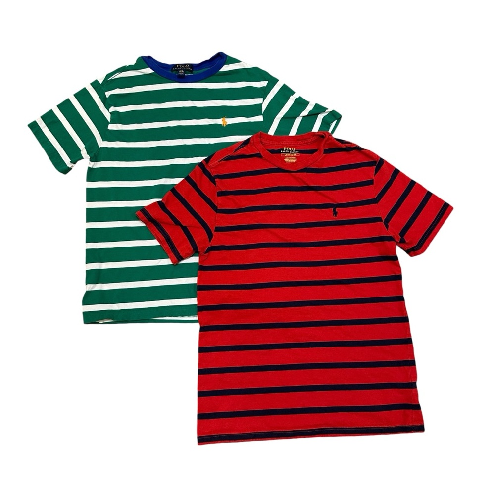 2 PC - Polo Ralph Lauren Boys S/S T-Shirts, Red/Navy and Green/White/Blue, Sz Lg